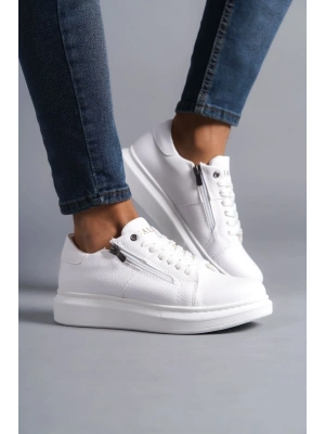 SLW155 Warrior Bağcıklı ve Fermuarlı Cilt Erkek Günlük Sneaker Ayakkabı CBT - Beyaz