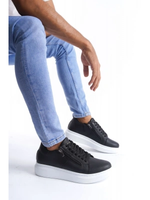 SLW155 Warrior Bağcıklı ve Fermuarlı Cilt Erkek Günlük Sneaker Ayakkabı CBT - Siyah