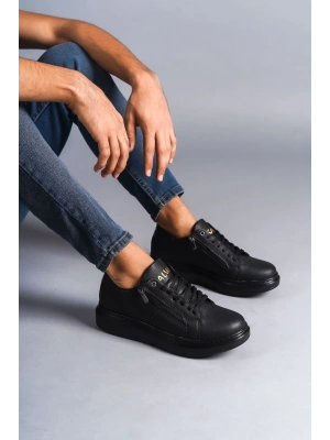 SLW155 Warrior Bağcıklı ve Fermuarlı Cilt Erkek Günlük Sneaker Ayakkabı CST - Siyah