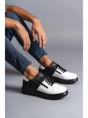SLW155 Warrior Bağcıklı ve Fermuarlı Cilt Erkek Günlük Sneaker Ayakkabı CST - Siyah/Beyaz