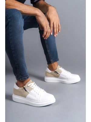 SLW155 Warrior Bağcıklı ve Fermuarlı Cilt Süet Erkek Günlük Sneaker Ayakkabı CSBT - Beyaz/Krem