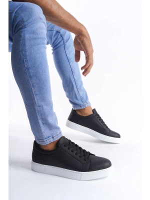 SLW165 Elite Bağcıklı Cilt Erkek Günlük Sneaker Ayakkabı CBT - Siyah