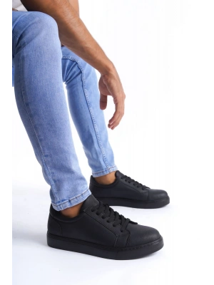 SLW165 Elite Bağcıklı Cilt Erkek Günlük Sneaker Ayakkabı CST - Siyah