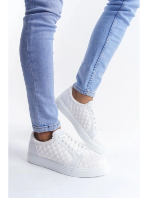 SLW166 Prestige Bağcıklı Cilt Kapitone Desenli Erkek Günlük Sneaker Ayakkabı CBT - Beyaz