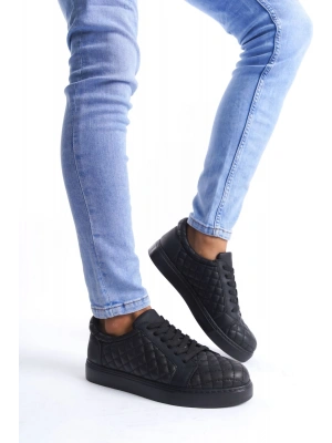 SLW166 Prestige Bağcıklı Cilt Kapitone Desenli Erkek Günlük Sneaker Ayakkabı CST - Siyah