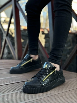 Snr-308 Boa Kalın Yüksek Taban Çift Fermuarlı Siyah Siyah Erkek Ayakkabı Erkek Günlük Ayakkabı