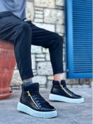 Snr-512 Boa Kalın Yüksek Taban Çift Fermuarlı Siyah Erkek Spor Erkek Bot