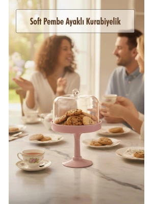 Soft Pembe Akrilik Ayaklı Kurabiyelik & Kapaklı Sunum Standı - 2 Parça