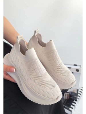 Soord Bej Triko Boncuk İşlemeli Kadın Spor Ayakkabı