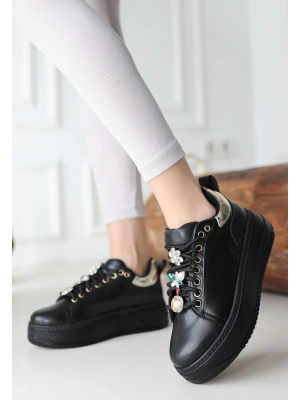 Tenya Siyah Cilt Taşlı Bağcıklı Kadın Spor Ayakkabı