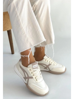 Zlay Bej Cilt Vizon Detaylı Bağcıklı Spor Ayakkabı