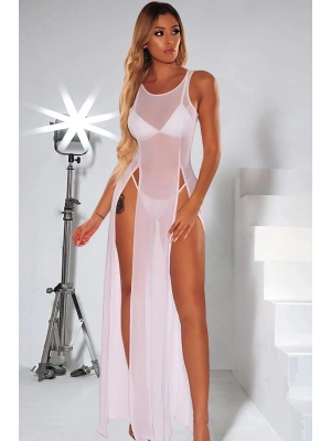 Beyaz Yanlardan Yırtmaçlı Uzun Fantezi Sexi Fantezi Gecelik Model 68000B