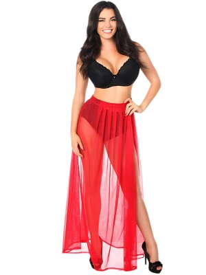 Özel Tasarım Bikini & Mayo Üstüne Beli Kuşaklı Bağlamalı Kırmızı Süprem Tül Uzun Pareo