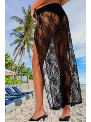 Özel Tasarım Bikini & Mayo Üstüne Beli Kuşaklı Bağlamalı Siyah Dantel Tül Uzun Pareo