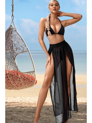 Özel Tasarım Bikini & Mayo Üstüne Beli Kuşaklı Bağlamalı Siyah Süprem Tül Uzun Pareo