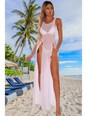 Özel Tasarım Bikini & Mayo Üstüne Beyaz Uzun Yırtmaçlı Pareo Elbise