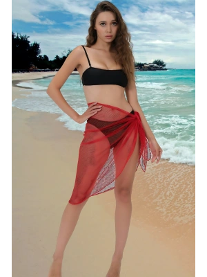 Özel Tasarım Bikini & Mayo Üstüne Kırmızı File Tül Pareo