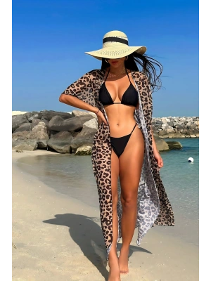 Özel Tasarım Bikini & Mayo Üstüne Şifon Uzun Önden Bağlamalı Leopar Plaj Elbisesi Pareo Kimono