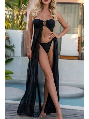 Özel Tasarım Bikini & Mayo Üstüne Siyah Uzun Yırtmaçlı Pareo