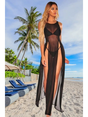Özel Tasarım Bikini & Mayo Üstüne Siyah Uzun Yırtmaçlı Pareo Elbise