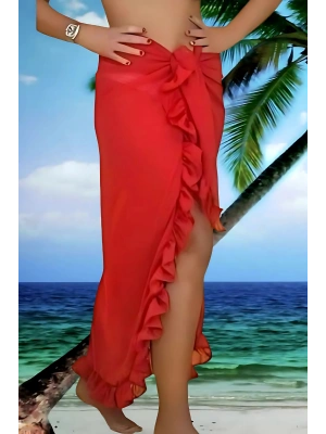 Özel Tasarım Mayo Üstü Süprem Tül Yanları Fırfırlı Kırmızı Pareo