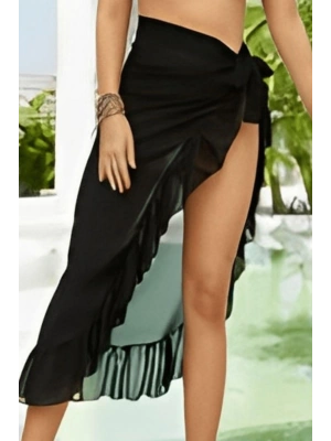 Özel Tasarım Mayo Üstü Süprem Tül Yanları Fırfırlı Siyah Pareo