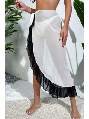 Özel Tasarım Mayo Üstüne Fırfırlı Süprem Beyaz-Siyah Tül Uzun Pareo