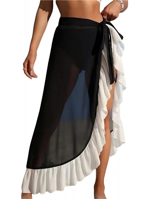 Özel Tasarım Mayo Üstüne Fırfırlı Süprem Siyah-Beyaz Tül Uzun Pareo