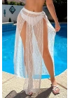 Özel Tasarım Bikini & Mayo Üstüne Beli Kuşaklı Bağlamalı Beyaz Dantel Tül Uzun Pareo