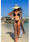 Özel Tasarım Bikini & Mayo Üstüne Şifon Uzun Önden Bağlamalı Leopar Plaj Elbisesi Pareo Kimono