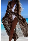 Özel Tasarım Bikini & Mayo Üstüne Şifon Uzun Önden Bağlamalı Leopar Plaj Elbisesi Pareo Kimono