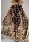 Özel Tasarım Bikini & Mayo Üstüne Şifon Uzun Önden Bağlamalı Leopar Plaj Elbisesi Pareo Kimono