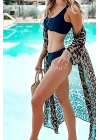 Özel Tasarım Bikini & Mayo Üstüne Şifon Uzun Önden Bağlamalı Leopar Plaj Elbisesi Pareo Kimono