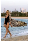 Özel Tasarım Bikini & Mayo Üstüne Şifon Uzun Önden Bağlamalı Leopar Plaj Elbisesi Pareo Kimono