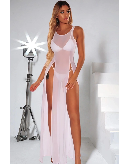 Beyaz Yanlardan Yırtmaçlı Uzun Fantezi Sexi Fantezi Gecelik Model 68000B