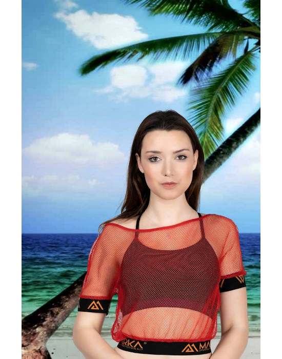 File Kollu Kırmızı Pareo Mayo Üstüne Giyilebilirmodel 109