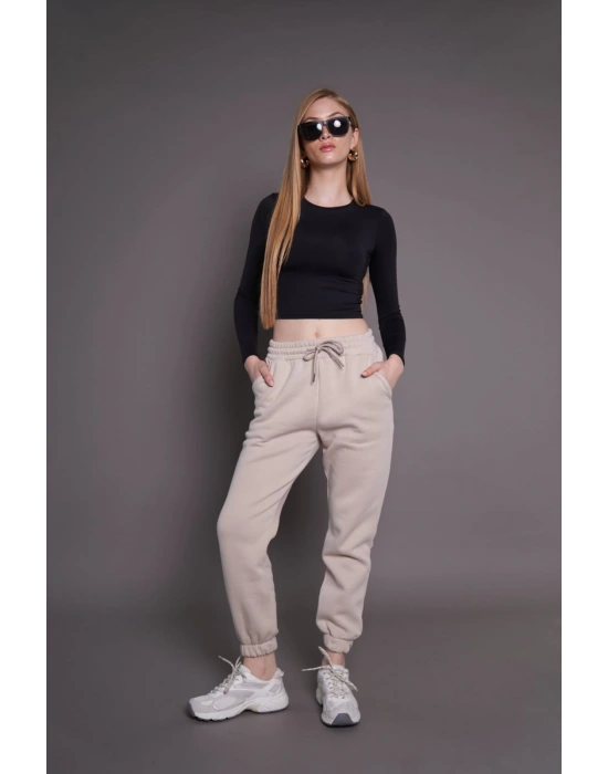 Jogger 3 İplik Şardonlu Cepli Tek Alt Siyah Siyah Sütlü Kahve