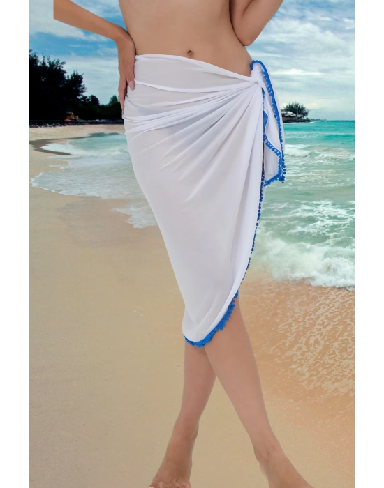 Kenarları Mavi İşlemeli Belden Bağlamalı Tül Pareo