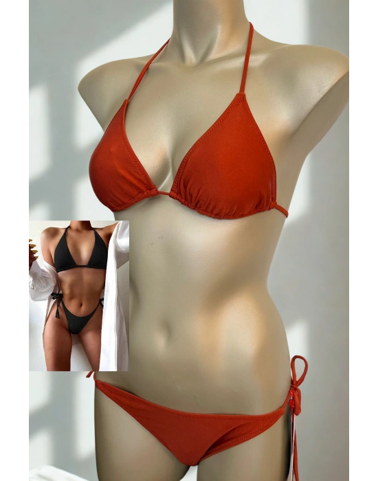 Özel Tasarım Bağlamalı Kiremit Rengi Bikini Takımı