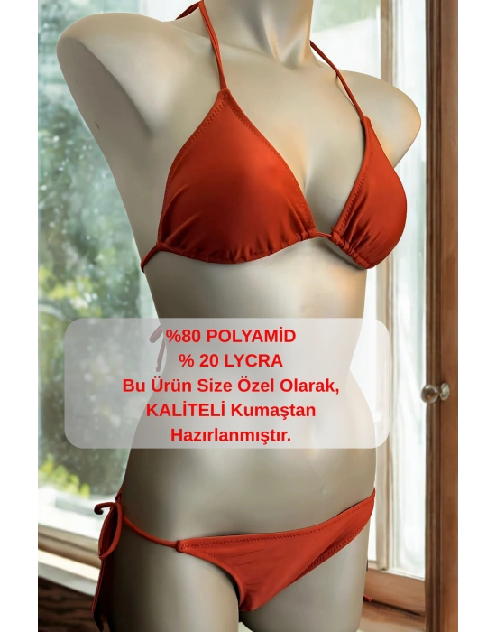 Özel Tasarım Bağlamalı Kiremit Rengi Bikini Üst