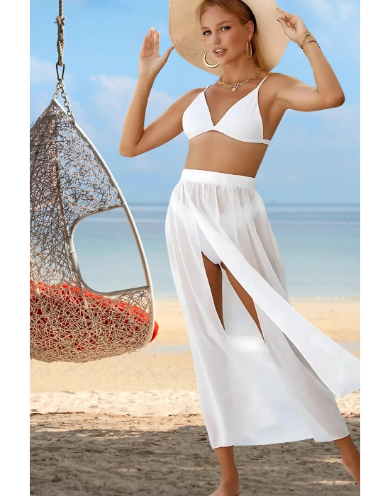 Özel Tasarım Bikini & Mayo Üstüne Beli Kuşaklı Bağlamalı Beyaz Süprem Tül Uzun Pareo