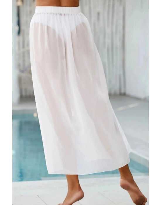 Özel Tasarım Bikini & Mayo Üstüne Beli Kuşaklı Bağlamalı Beyaz Süprem Tül Uzun Pareo