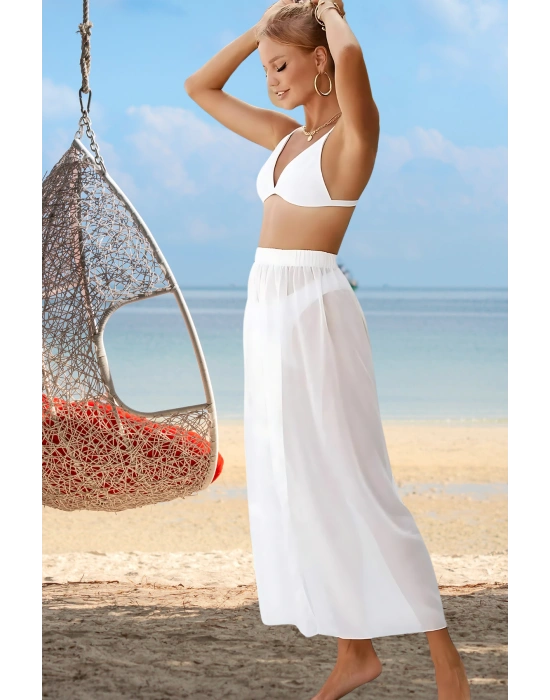 Özel Tasarım Bikini & Mayo Üstüne Beli Kuşaklı Bağlamalı Beyaz Süprem Tül Uzun Pareo