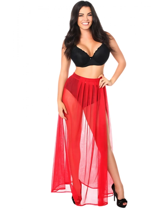 Özel Tasarım Bikini & Mayo Üstüne Beli Kuşaklı Bağlamalı Kırmızı Süprem Tül Uzun Pareo