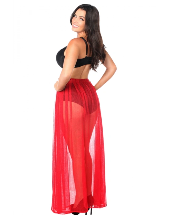 Özel Tasarım Bikini & Mayo Üstüne Beli Kuşaklı Bağlamalı Kırmızı Süprem Tül Uzun Pareo