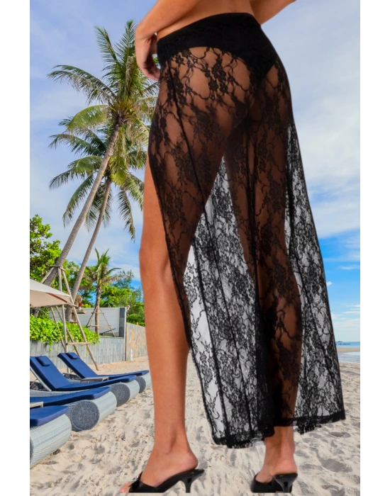 Özel Tasarım Bikini & Mayo Üstüne Beli Kuşaklı Bağlamalı Siyah Dantel Tül Uzun Pareo