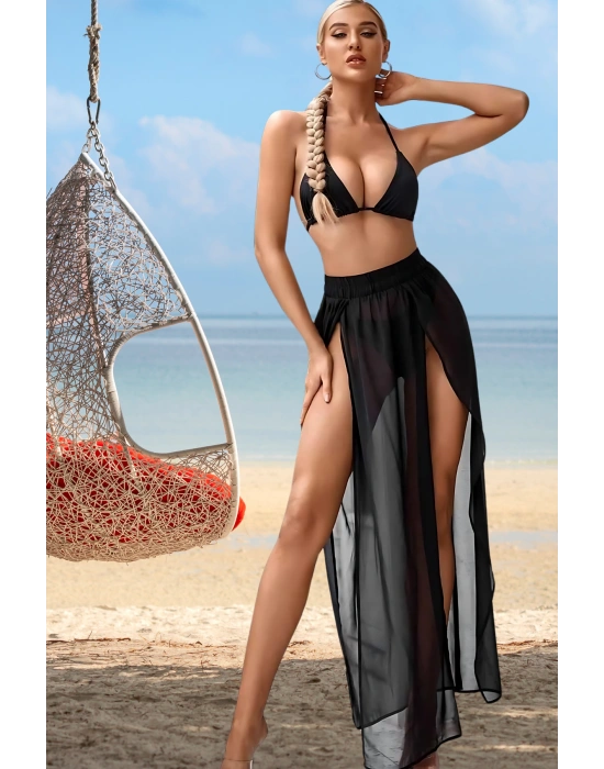 Özel Tasarım Bikini & Mayo Üstüne Beli Kuşaklı Bağlamalı Siyah Süprem Tül Uzun Pareo