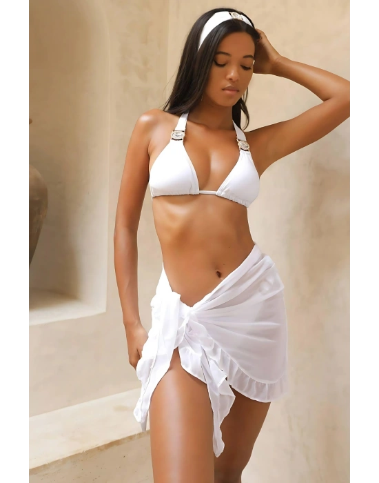 Özel Tasarım Bikini & Mayo Üstüne Beyaz Şık Fırfırlı Plaj Pareo