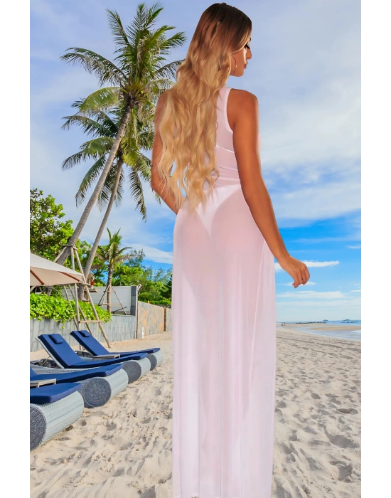 Özel Tasarım Bikini & Mayo Üstüne Beyaz Uzun Yırtmaçlı Pareo Elbise