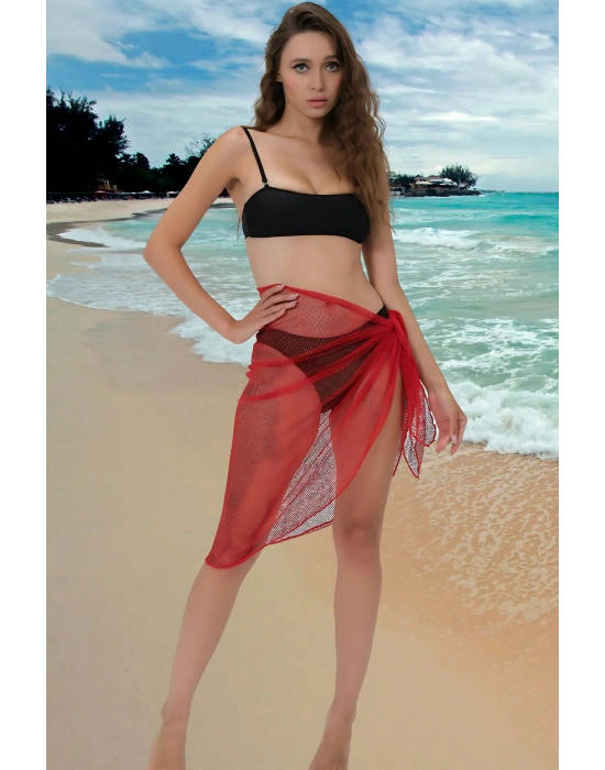 Özel Tasarım Bikini & Mayo Üstüne Kırmızı File Tül Pareo